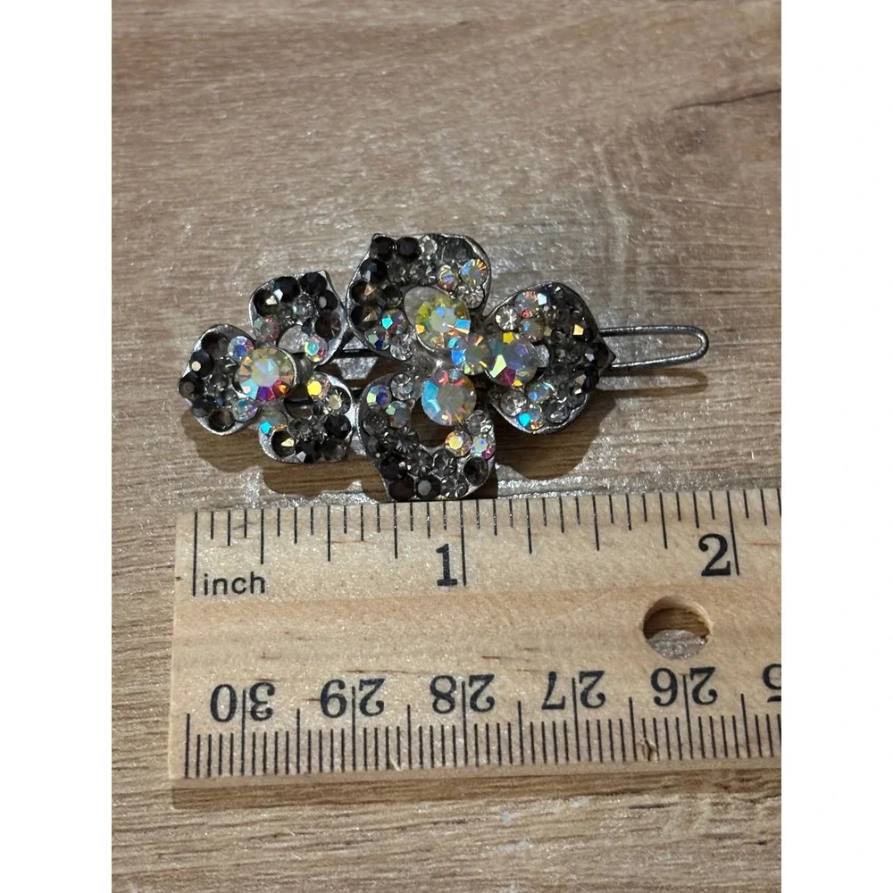 Vintage Silver Tone AB Iridescent Rhinestone Flower Hair Clip 2 